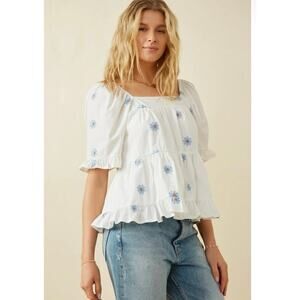 HAYDEN LOS ANGELES NWT 100% Cotton Daisy Embroidered Puff Sleeve Ruffle Top Lrg